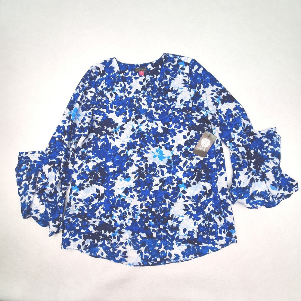 Vince Camuto Blouse Womens Medium Blue Floral Ruffle Bell Sleeve V-Neck Chiffon